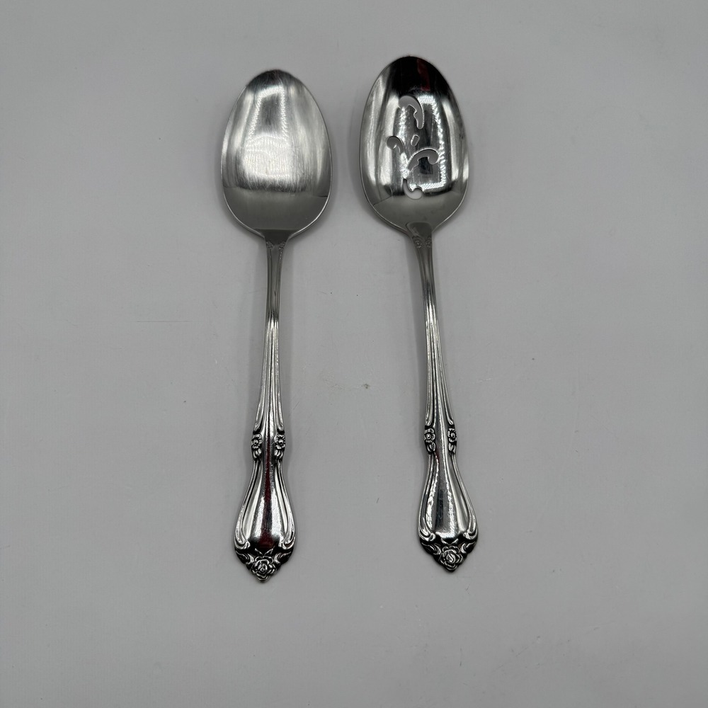Oneida Serving Spoons Set 8.25 Stainless Arbor Rose Floral Pierced Solid 2pc